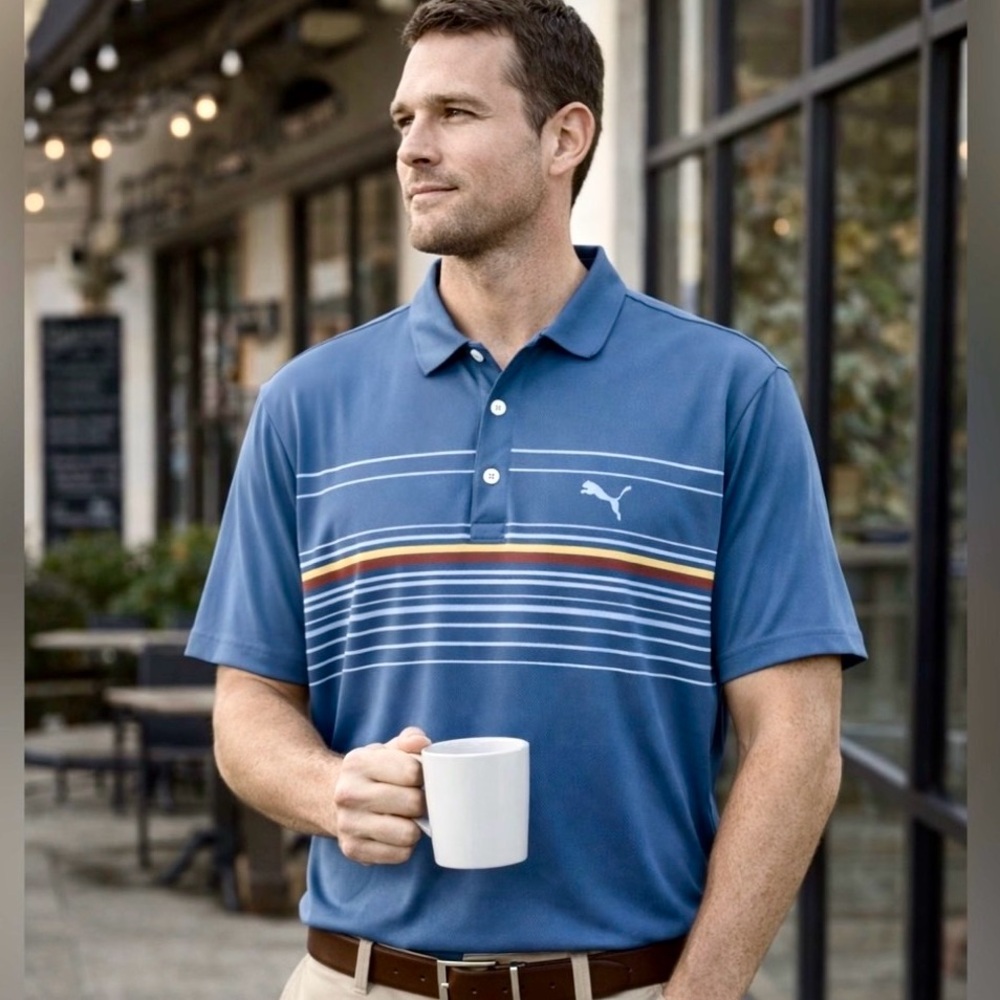 Puma MATTR Canyon Polo Golf Shirt Men’s XL Blue Gray Stripe DryCELL Performance